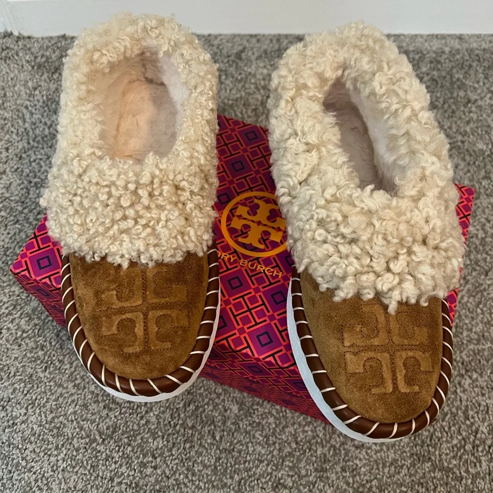 Tory Burch Suede Shearling Logo Loafer Slippers - Picture 2 of 7